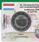 2 EUR limitierte Info-Coincard Luxemburg 2011 - Gro&szlig;herzog Jean pfr. Gedenkm&uuml;nze-M&uuml;nzkarte