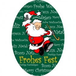 Weihnachtsetikett "Frohes Fest" mit lustigem Weihnachtsmann