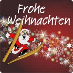 Weihnachtsetikett "Frohe Weihnachten" mit Weihnachtsmann auf Ski