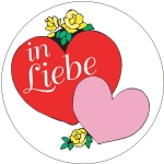 "in Liebe" - Pr�sent-Aufkleber mit Herzen und Rosen