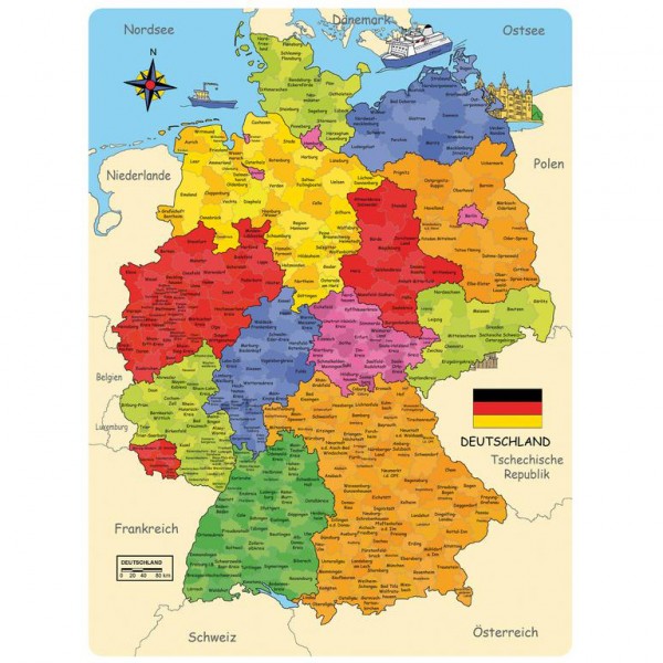 Lernspiel Deutschland-Karte aus Holz mit Bundesländern Hautptstädte